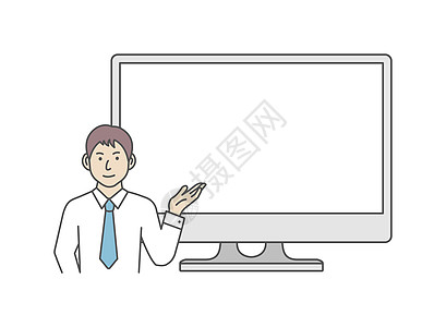 显示 PC 显示器的商务人士 矢量图手势小样展示插图互联网商业商务男性女性技术图片