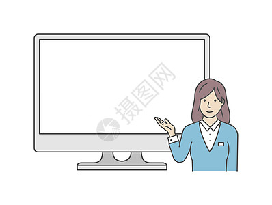 显示 PC 显示器的女商务人士 矢量图办公室商务互联网手势人士展示指导屏幕技术广告图片