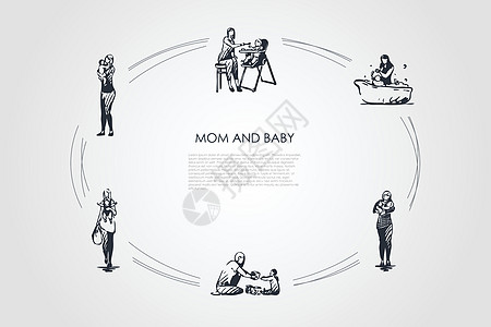 妈妈和宝宝妈妈女性洗澡父母婴儿草图孩子母性母亲家庭幸福图片