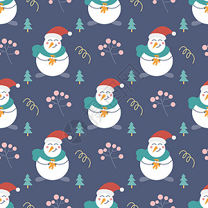 带礼物的雪人圣诞树和蓝色背景上的其他装饰元素 圣诞节和新年印刷 矢量无缝模式 儿童装饰图片