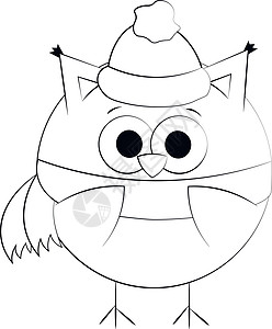 戴着帽子和围巾的可爱卡通猫头鹰 绘制黑白插图图片