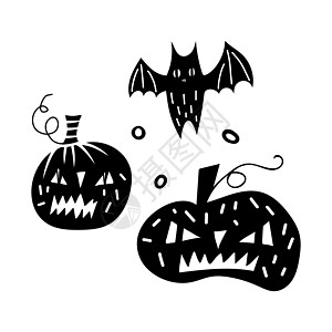 黑色涂鸦万圣节矢量设计与怪异的南瓜和蝙蝠 儿童插画庆典网页印刷品等图片