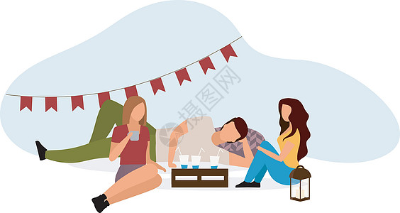 学生聚会平面矢量图 年轻的露营者朋友庆祝生日喝鸡尾酒孤立在白色背景上的卡通人物 享受轻松氛围的女孩图片