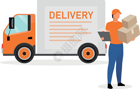 具有包裹扁平特征的送货车司机 信使邮递员拿着纸箱和订单收据在白色背景上孤立的卡通插图 航运服务运输背景图片
