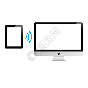 智能设备平板电脑通过 wifi 无线连接连接到 pc 在白色背景上孤立的股票矢量图图片