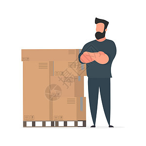 一个男人拿着纸箱站着 送货和货运概念 孤立 向量纸板贮存插图仓库卡通片男性导游工人物流快递图片