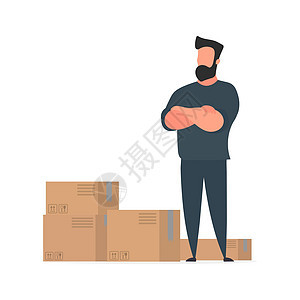 一个男人拿着纸箱站着 送货和货运概念 孤立 向量店铺纸盒卡通片物流工人贮存货物盒子人士手臂图片