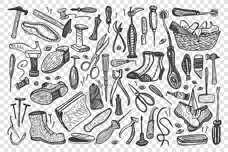制鞋手绘涂鸦 se男人绘画乐器纺织品修理工工作室针线活针织元素工具图片