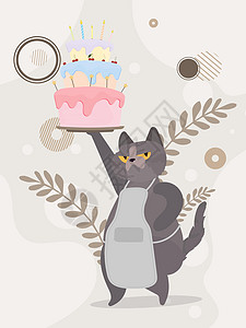有趣的猫拿着一个节日蛋糕 糖果奶油松饼节日甜点糖果 适合生日快乐卡 矢量平面样式标语生日邀请函框架假期蛋糕派对蜡烛卡片小册子图片