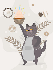 有趣的猫拿着一个节日蛋糕 糖果奶油松饼节日甜点糖果 适合生日快乐卡 矢量平面样式童年动物孩子生日小册子宠物庆典乐趣蜡烛样子图片