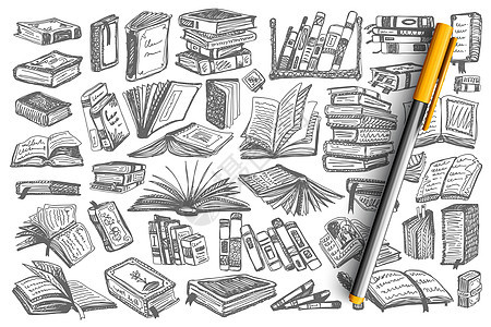 图书馆书籍涂鸦集收藏小说教育字典知识设计元素书签学校科学文学图片