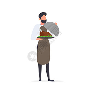 厨师拿着一个带盖的金属盘子 有间距的服务员 孤立 向量餐饮衣服合金菜单男人午餐食物工具男性餐厅图片
