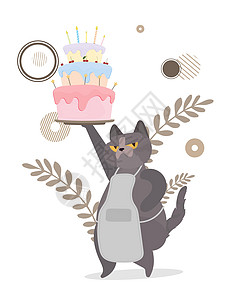 有趣的猫拿着一个节日蛋糕 糖果奶油松饼节日甜点糖果 适合生日快乐卡 矢量平面样式友谊小册子宠物帽子童年派对邀请函卡通片贴纸爪子图片