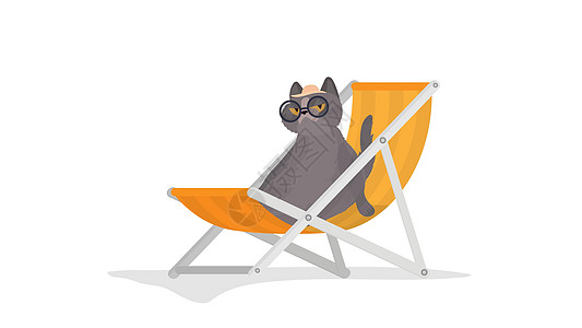 戴着眼镜和帽子的滑稽猫躺在躺椅上 一只长相滑稽的猫 适用于贴纸卡和 T 恤 孤立 向量图片