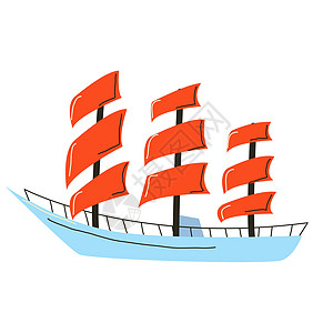 白色背景上有猩红色帆的帆船图片