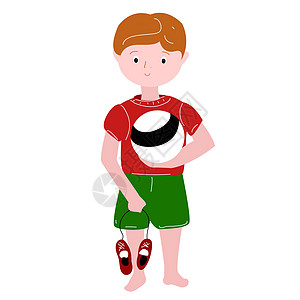 一个穿着橄榄球制服的男孩 带着球和运动鞋图片