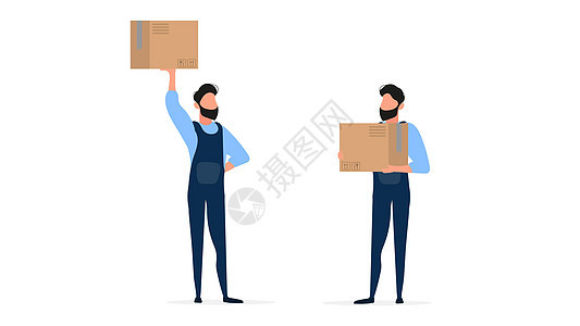 一组装载机 穿着工作服的装载机拿着一个箱子 手里拿着箱子的家伙 孤立在白色背景上 向量图片