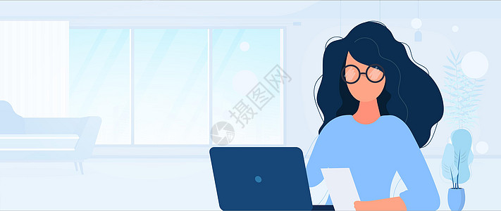 这个女孩在笔记本电脑前工作 平面样式 适合形象工作办公室招聘员工图片