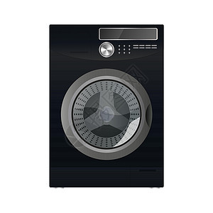 孤立在白色背景上的黑色洗衣机 逼真的矢量洗衣机洗衣电气自助技术器具洗衣店家庭机器卫生衣服图片