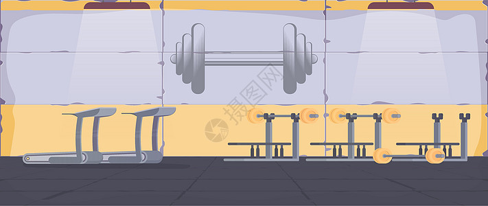 带健身器材的健身房 运动和健康生活方式的概念 向量瓶子机器重量肌肉杠铃哑铃插图卡通片体操房间图片