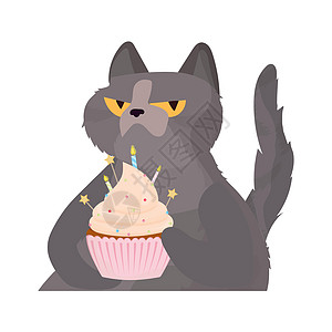 有趣的猫拿着一个节日蛋糕 糖果奶油松饼节日甜点糖果 适用于卡片衬衫和贴纸 平面样式 向量食物火焰爪子友谊明信片帽子宠物工作室卡通图片