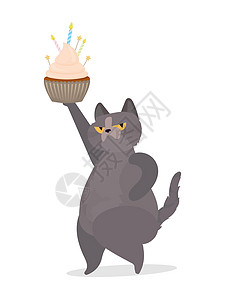 有趣的猫拿着一个节日蛋糕 糖果奶油松饼节日甜点糖果 适用于卡片衬衫和贴纸 平面样式 向量小猫蜡烛食物明信片幽默帽子友谊工作室假期图片