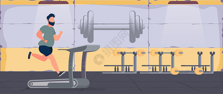 胖子在健身房的跑步机上跑步 减肥的概念和健康的生活方式 韦克托图片