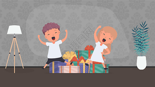 孩子们喜欢礼物 快乐的孩子很多礼物 假期的概念 向量拥抱盒子房间惊喜微笑家庭幸福展示关系庆典图片