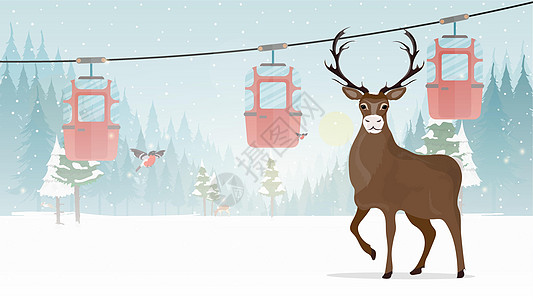 大角鹿 有拖车的缆车在冬天森林里 缆车 森林里有鹿和雪 卡通风格 矢量图松树野生动物卡通片海报鹿角喇叭荒野驯鹿麋鹿插图设计图片