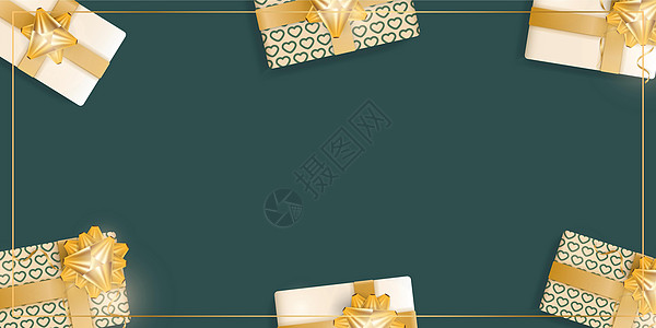 绿色背景与逼真的香槟色礼品盒金丝带和蝴蝶结 背景与文本空间 从上面看 矢量图图片