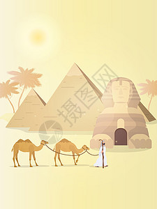 牧羊人牵着骆驼穿过沙漠 埃及金字塔狮身人面像 向量雕像草图异国棕榈狮子插图金字塔石头建筑学历史图片