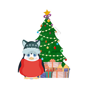 一只长相可爱的小企鹅站在圣诞树旁 圣诞树上堆满了礼物 戴着冬帽和一条红围巾的企鹅 新年和圣诞节的概念 向量图片