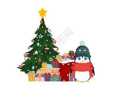 一只长得可爱的企鹅站在圣诞树旁边 上面摆着一大堆礼物 企鹅戴着冬帽和红色围巾 准备明信片或海报 矢量者图片