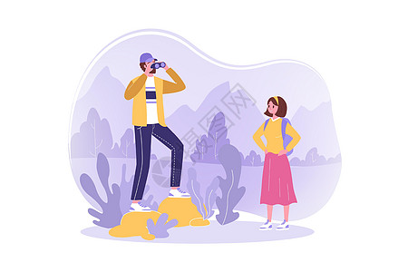旅行远足旅游自然概念卡通片插图游客女孩男人伙伴冒险远足者望远镜夫妻图片