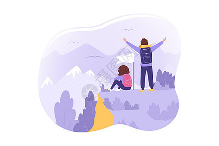旅行旅游自然登山远足概念女士荒野游客旗帜探险家背包女性假期远足者插图图片
