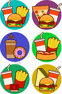 快餐组合的图标包含热狗汉堡和三明治配薯条和草皮图片