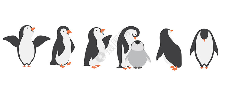 哺乳姿势不同姿势组装的快乐企鹅字符设计图片