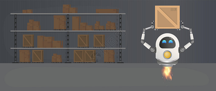 包装木箱飞行机器人拿起箱子 装有货盘 木箱和纸板盒的大仓库 矢量图解设计图片