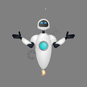 友好的白色飞行机器人做出无助的姿态 欢迎机器人 适合应用程序和游戏 矢量器图片