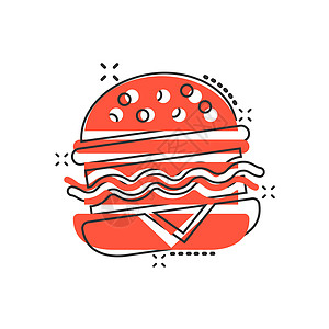 漫画风格的汉堡标志图标 白色孤立背景上的汉堡包矢量卡通插图 芝士汉堡商业概念飞溅效果营养洋葱包子卡通片牛肉面包早餐蔬菜午餐油炸图片
