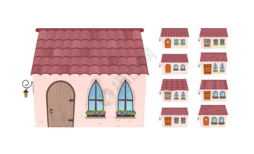 一套小乡村房屋 平坦的卡通风格的房子 白色背景上的孤立房子 矢量插图图片