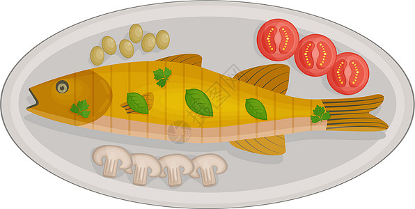 美味的烤海贝司在奥瓦尔盘上配有樱桃西红柿 橄榄和蘑菇以及巴西尔叶 这是地中海传统烹饪菜 矢量插图图片