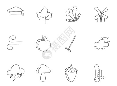 秋季手绘线性矢量图标隔离在白色背景上 秋季涂鸦图标集用于 web 和 ui 设计 移动应用程序和印刷产品帽子手绘卡通片橡子界面馅图片