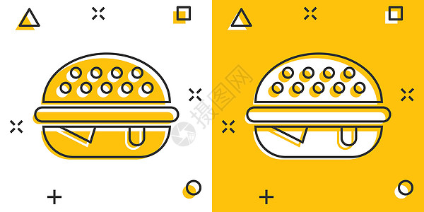 漫画风格的汉堡标志图标 白色孤立背景上的汉堡包矢量卡通插图 芝士汉堡商业概念飞溅效果食物面包洋葱午餐蔬菜沙拉卡通片早餐小吃包子图片