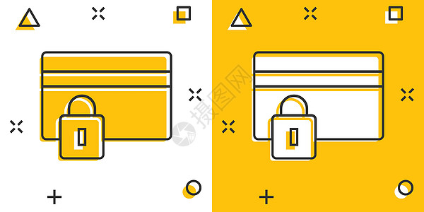 漫画风格的信用卡保护图标 白色孤立背景下的安全购物卡通矢量插图 商业挂锁飞溅效果的经营理念卡通片现金服务机器活动互联网密码支付数图片