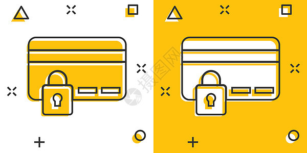 漫画风格的信用卡保护图标 白色孤立背景下的安全购物卡通矢量插图 商业挂锁飞溅效果的经营理念帐户现金取款机债务互联网经济金融活动机图片