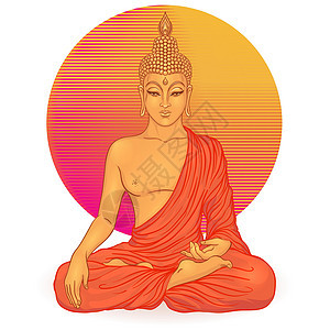 佛像坐在多彩的电线背景之上 矢量说明 古典装饰成分 印度人 佛教 精神运动节奏光环宗教宇宙活力潮人派对海报咒语星系图片