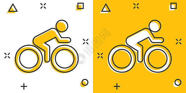 骑自行车的人以喜剧风格签名图标 白色孤立背景上的自行车矢量卡通插图 男子骑自行车的商业概念飞溅效果黄色男人竞赛闲暇车轮乐趣卡通片图片