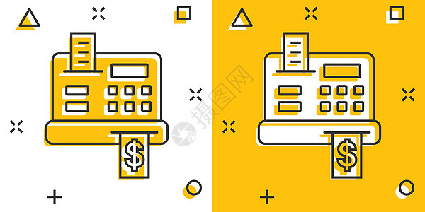 漫画风格的收银机图标 检查白色孤立背景上的机器卡通矢量插图 付款飞溅效果的经营理念卡片计算器货币卡通片屏幕控制服务金融键盘店铺图片