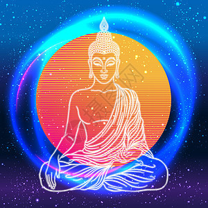 佛像坐在多彩的电线背景之上 矢量说明 古典装饰成分 印度人 佛教 精神运动艺术派对辉光潮人宗教音乐星系几何学活力咒语图片
